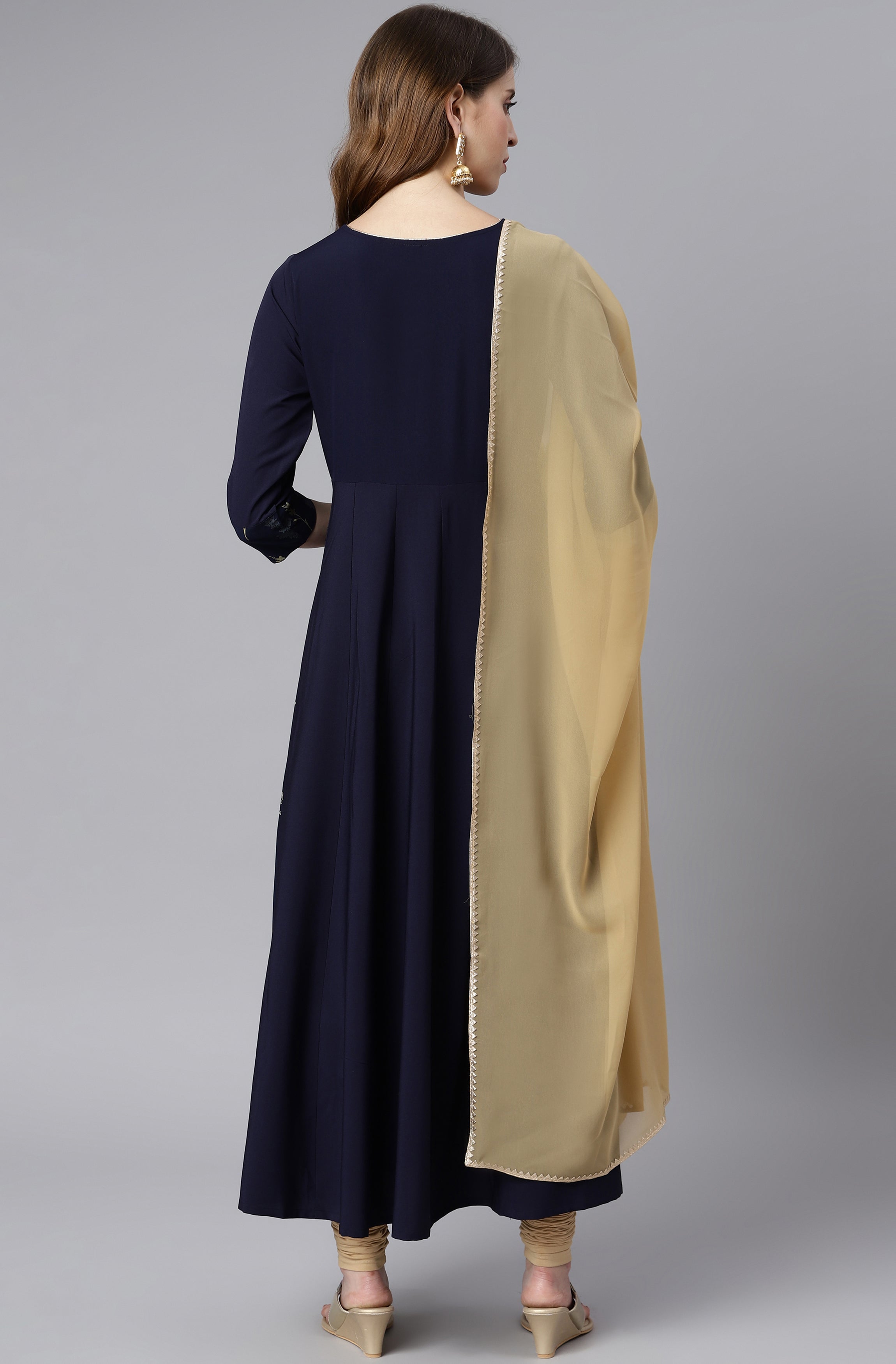 Janasya Women's Navy Blue Poly Crepe Floral Printed Anarkali Casual Kurta Set - Distacart