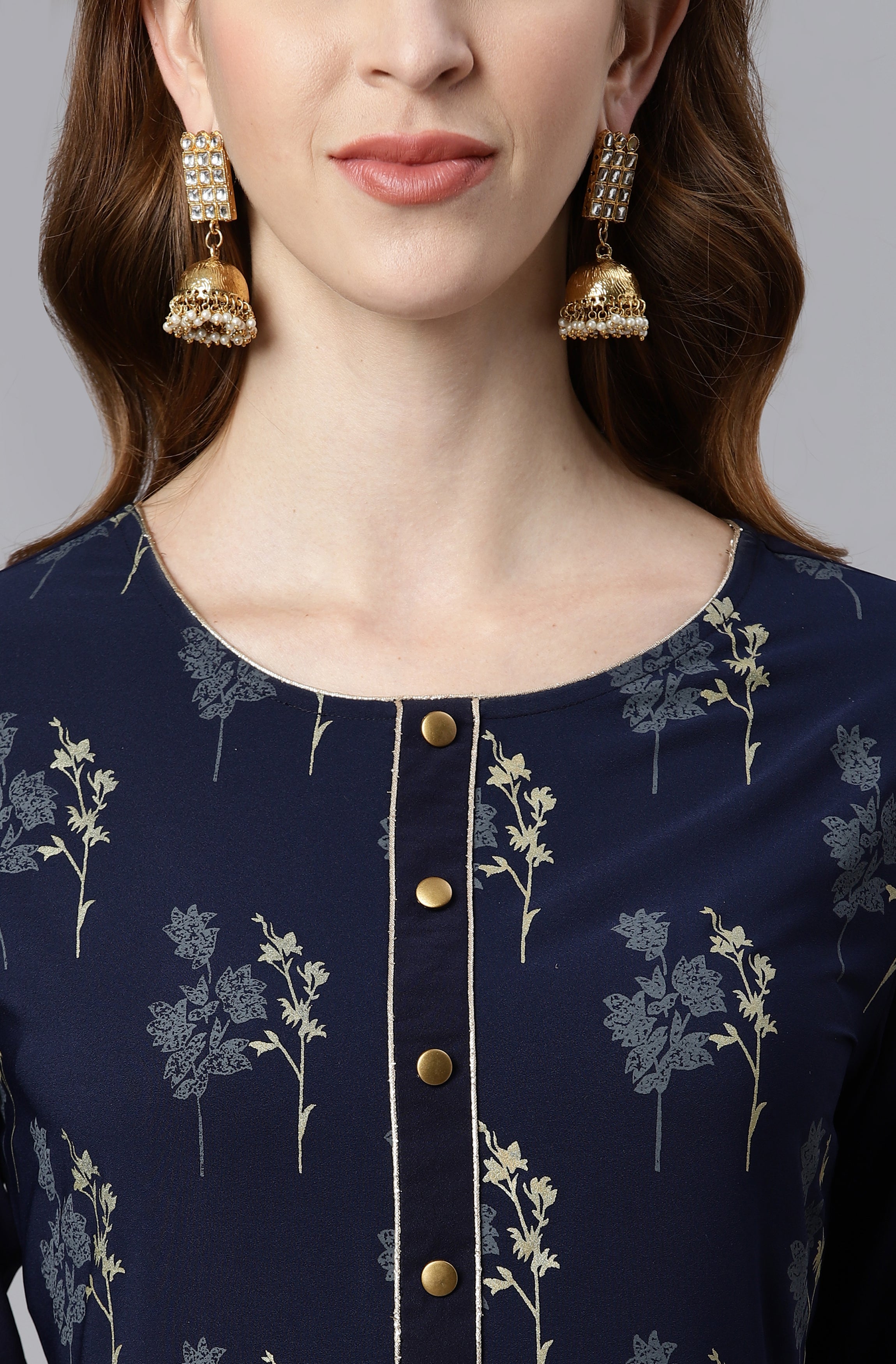 Janasya Women's Navy Blue Poly Crepe Floral Printed Anarkali Casual Kurta Set - Distacart