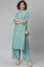 Thumbnail for Janasya Women's Green Poly Silk Solid Straight Festive Kurta Set - Distacart