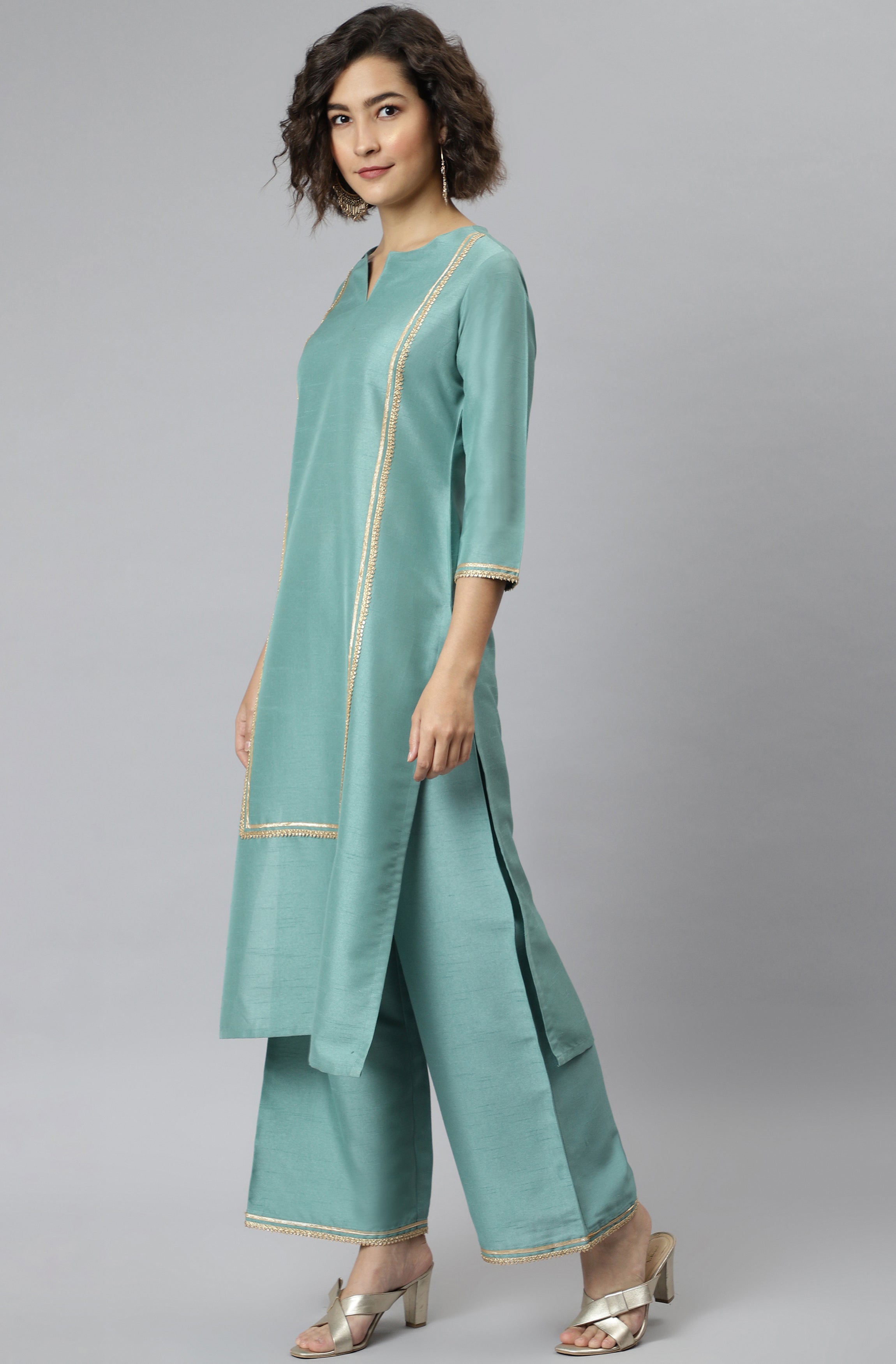 Janasya Women's Green Poly Silk Solid Straight Festive Kurta Set - Distacart