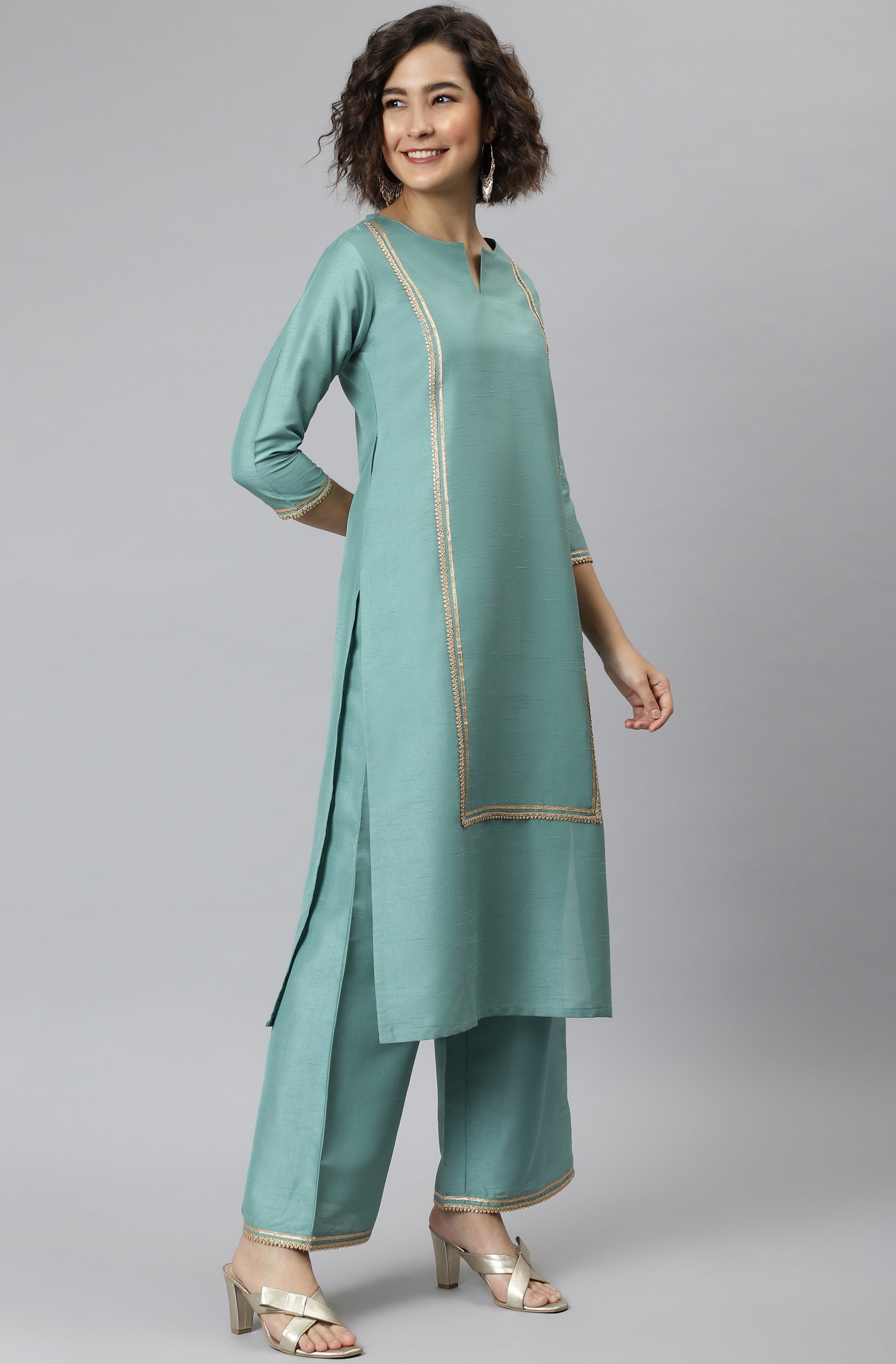 Janasya Women's Green Poly Silk Solid Straight Festive Kurta Set - Distacart