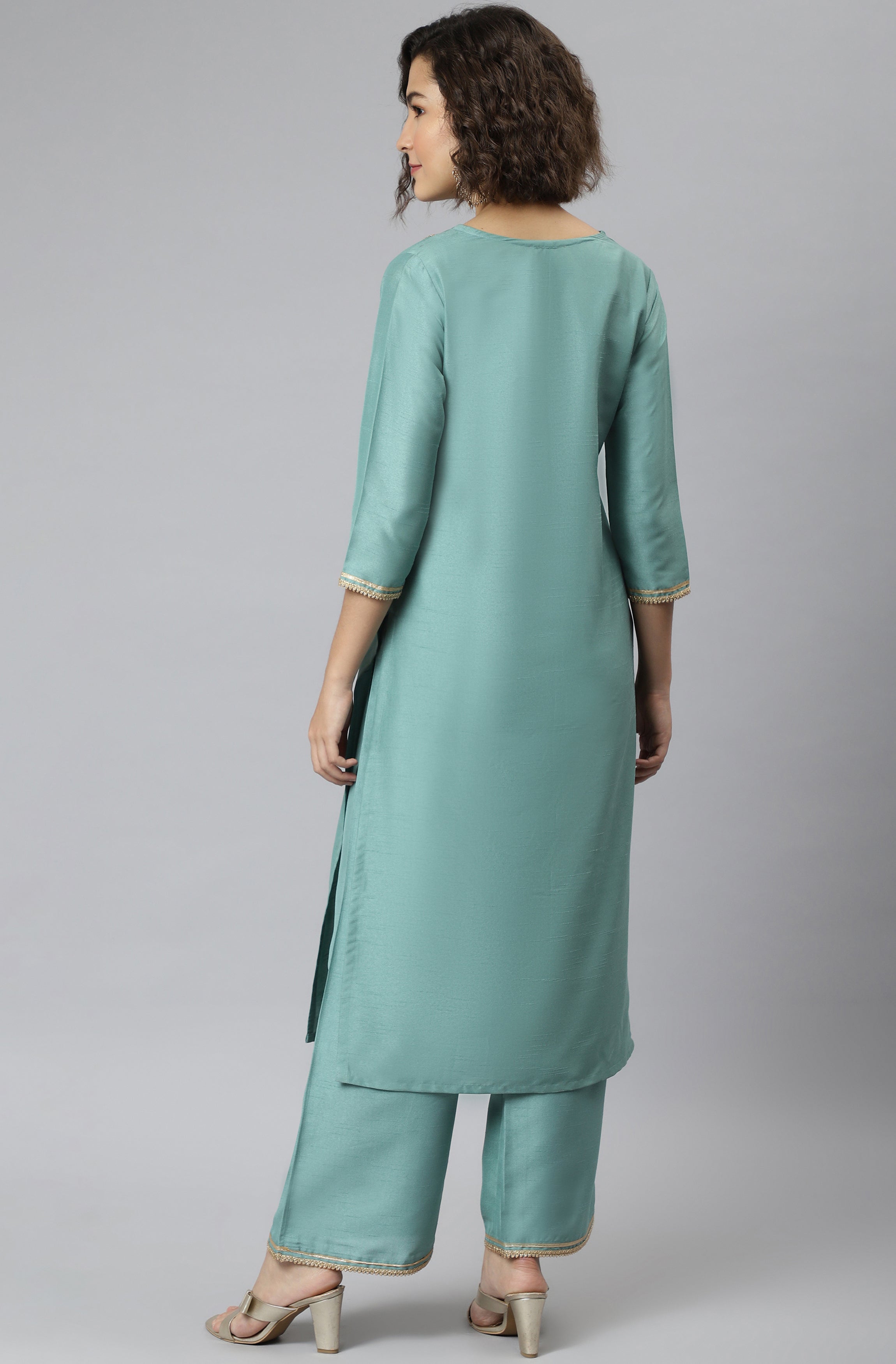 Janasya Women's Green Poly Silk Solid Straight Festive Kurta Set - Distacart