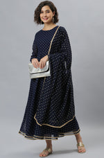 Thumbnail for Janasya Women's Navy Blue Poly Georgette Foil Print Kurta With Dupatta - Distacart