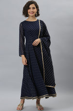 Thumbnail for Janasya Women's Navy Blue Poly Georgette Foil Print Kurta With Dupatta - Distacart