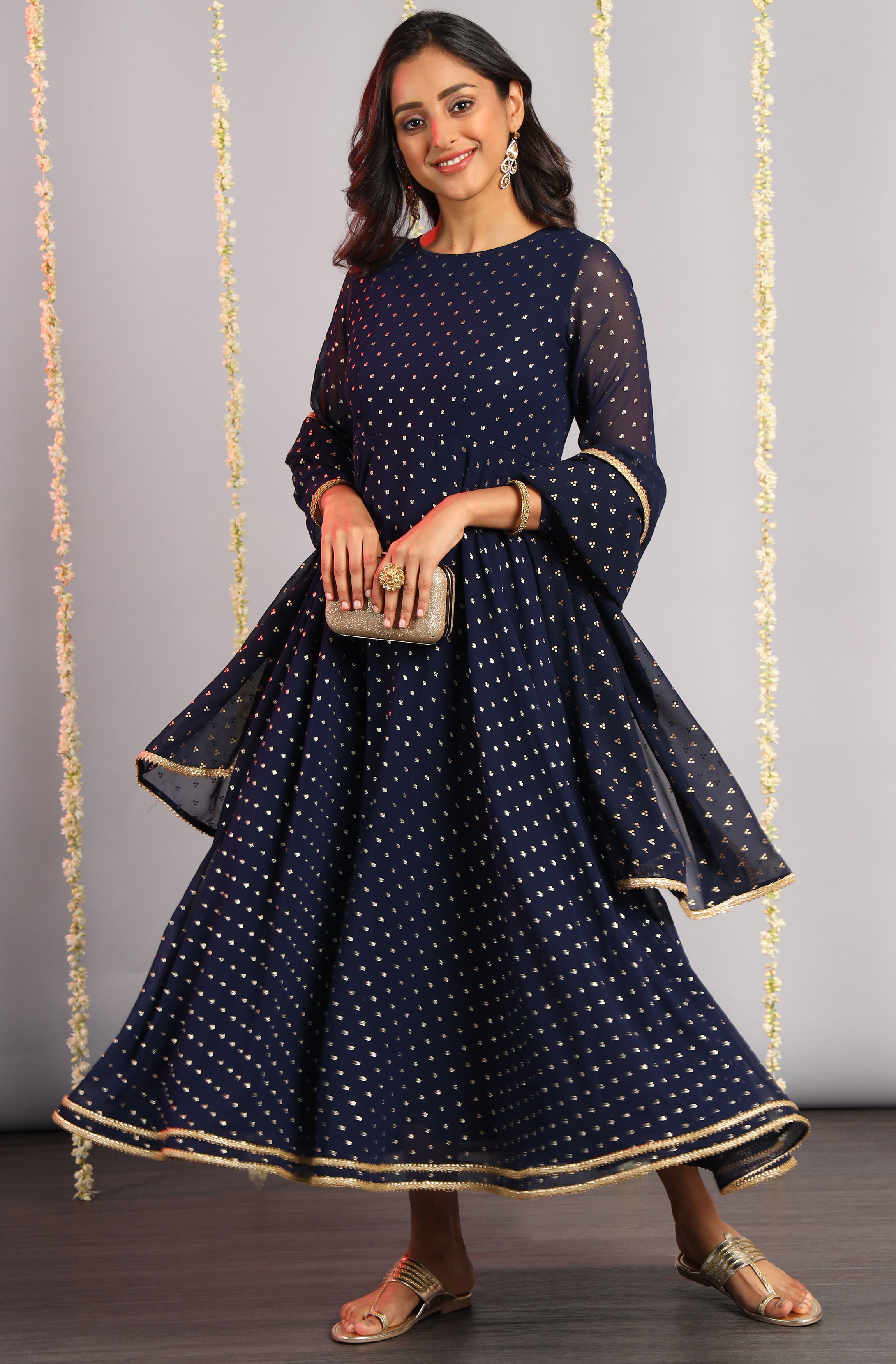 Janasya Women's Navy Blue Poly Georgette Foil Print Kurta With Dupatta - Distacart