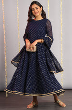 Thumbnail for Janasya Women's Navy Blue Poly Georgette Foil Print Kurta With Dupatta - Distacart