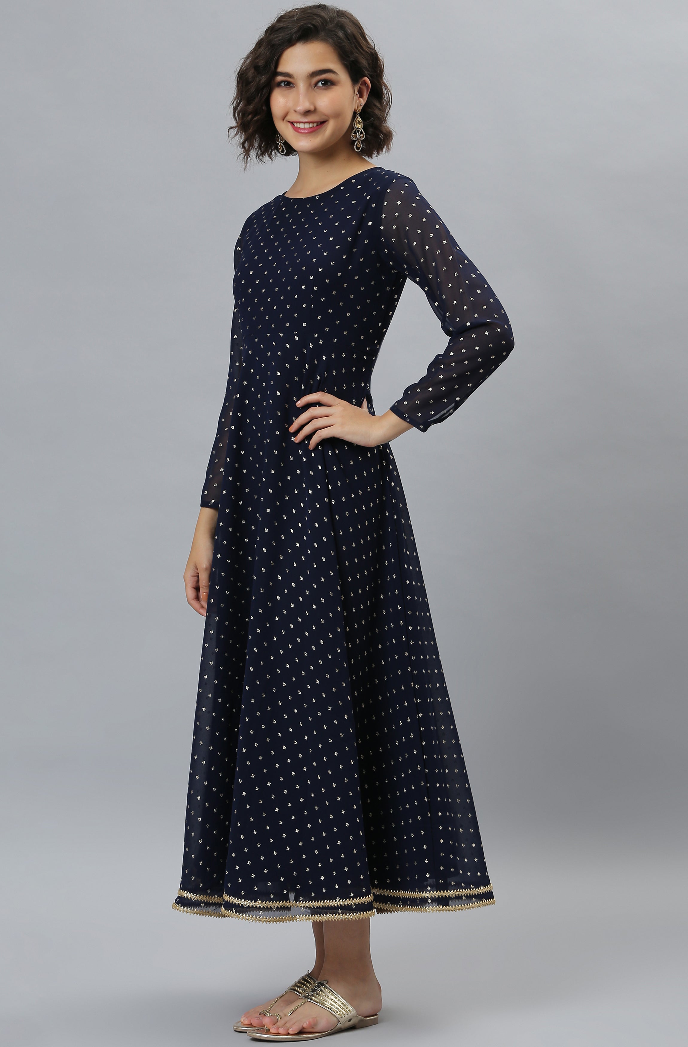 Janasya Women's Navy Blue Poly Georgette Foil Print Kurta With Dupatta - Distacart