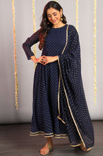 Thumbnail for Janasya Women's Navy Blue Poly Georgette Foil Print Kurta With Dupatta - Distacart