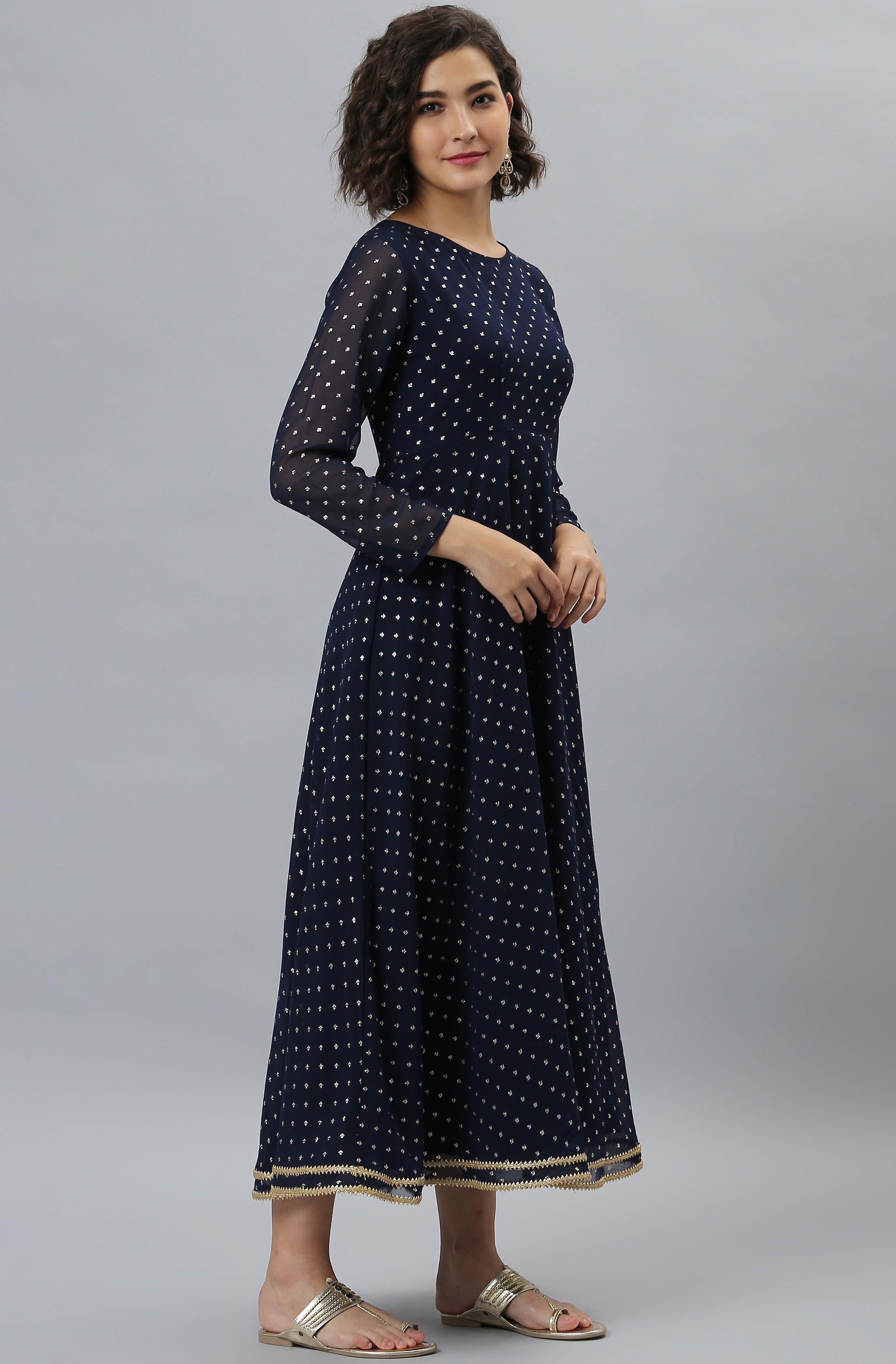 Janasya Women's Navy Blue Poly Georgette Foil Print Kurta With Dupatta - Distacart