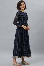 Thumbnail for Janasya Women's Navy Blue Poly Georgette Foil Print Kurta With Dupatta - Distacart