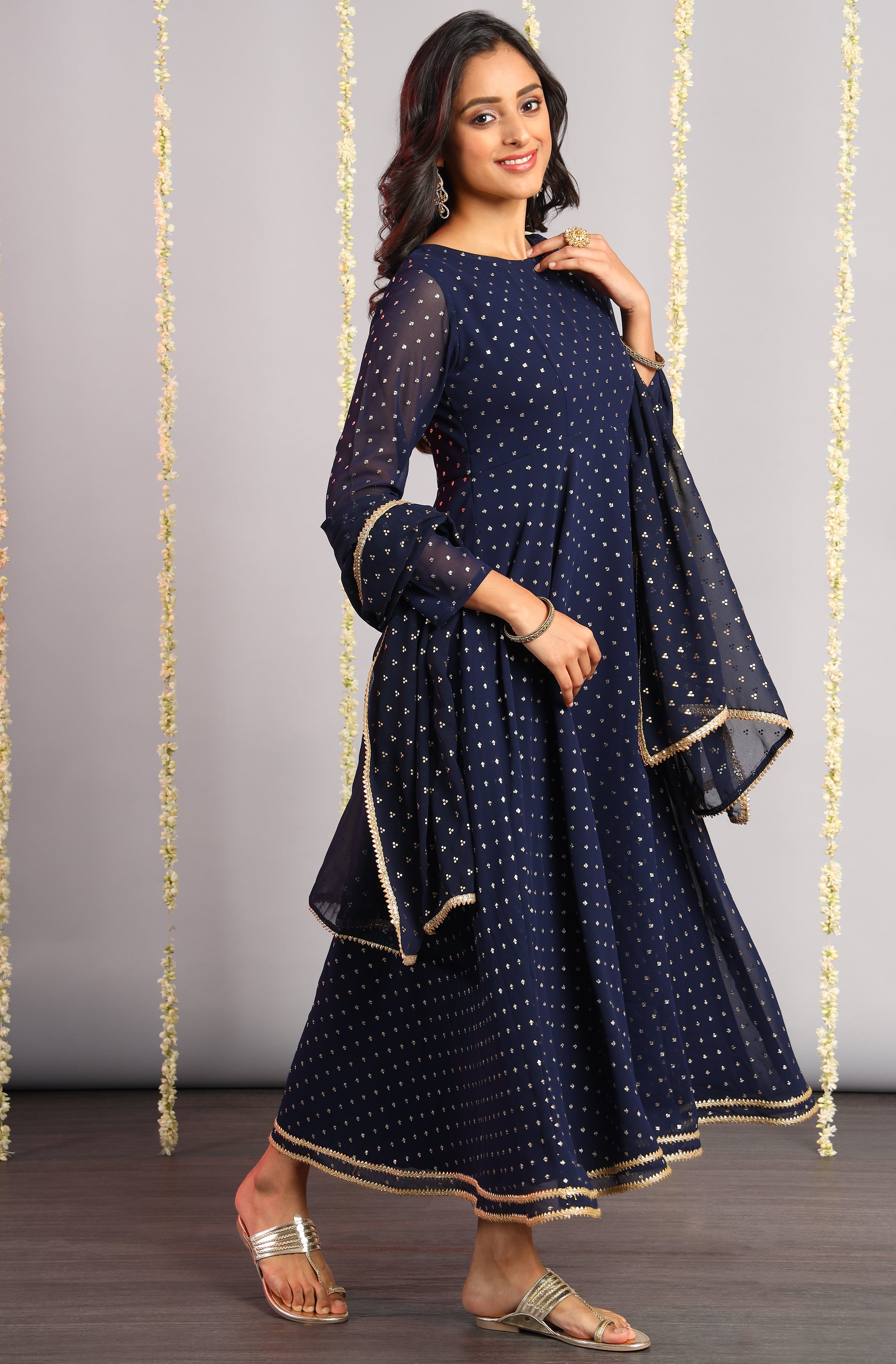 Janasya Women's Navy Blue Poly Georgette Foil Print Kurta With Dupatta - Distacart