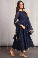 Thumbnail for Janasya Women's Navy Blue Poly Georgette Foil Print Kurta With Dupatta - Distacart