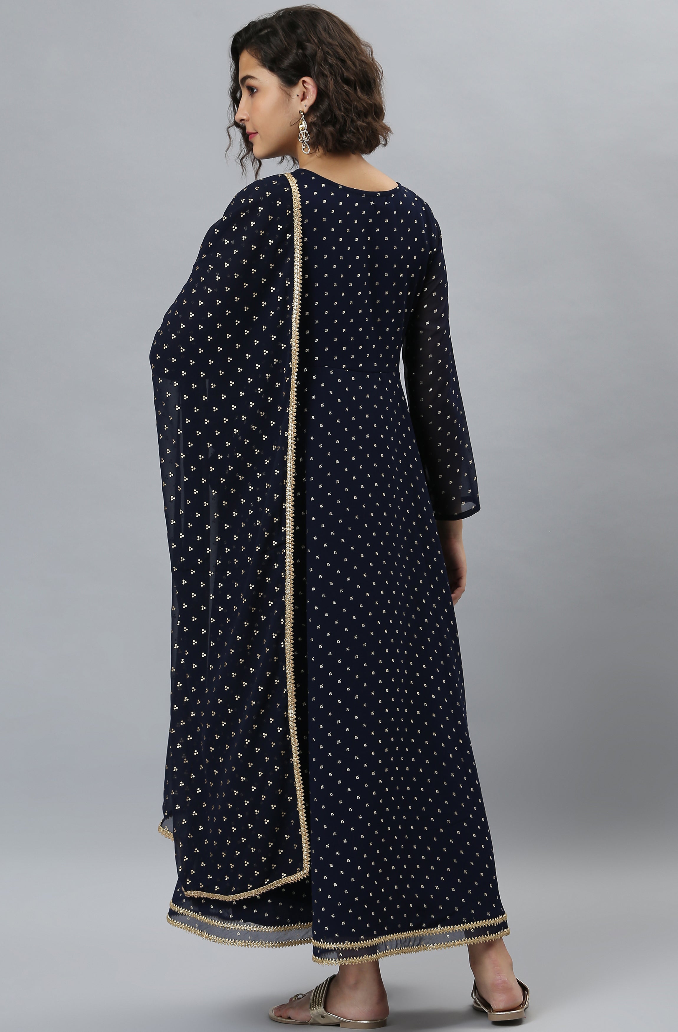 Janasya Women's Navy Blue Poly Georgette Foil Print Kurta With Dupatta - Distacart