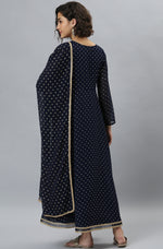 Thumbnail for Janasya Women's Navy Blue Poly Georgette Foil Print Kurta With Dupatta - Distacart