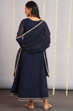 Thumbnail for Janasya Women's Navy Blue Poly Georgette Foil Print Kurta With Dupatta - Distacart