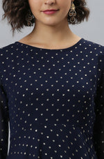 Thumbnail for Janasya Women's Navy Blue Poly Georgette Foil Print Kurta With Dupatta - Distacart