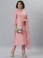 Thumbnail for Janasya Women's Pink Poly Silk Floral Printed Straight Party Kurta Set - Distacart