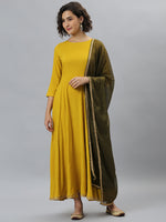 Thumbnail for Janasya Women's Mustard Rayon Solid Flared Casual Kurta Set - Distacart