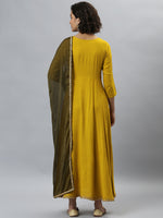 Thumbnail for Janasya Women's Mustard Rayon Solid Flared Casual Kurta Set - Distacart