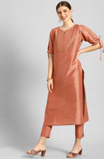 Thumbnail for Janasya Women's Peach Poly Silk Embellished Straight Festive Kurta Set - Distacart