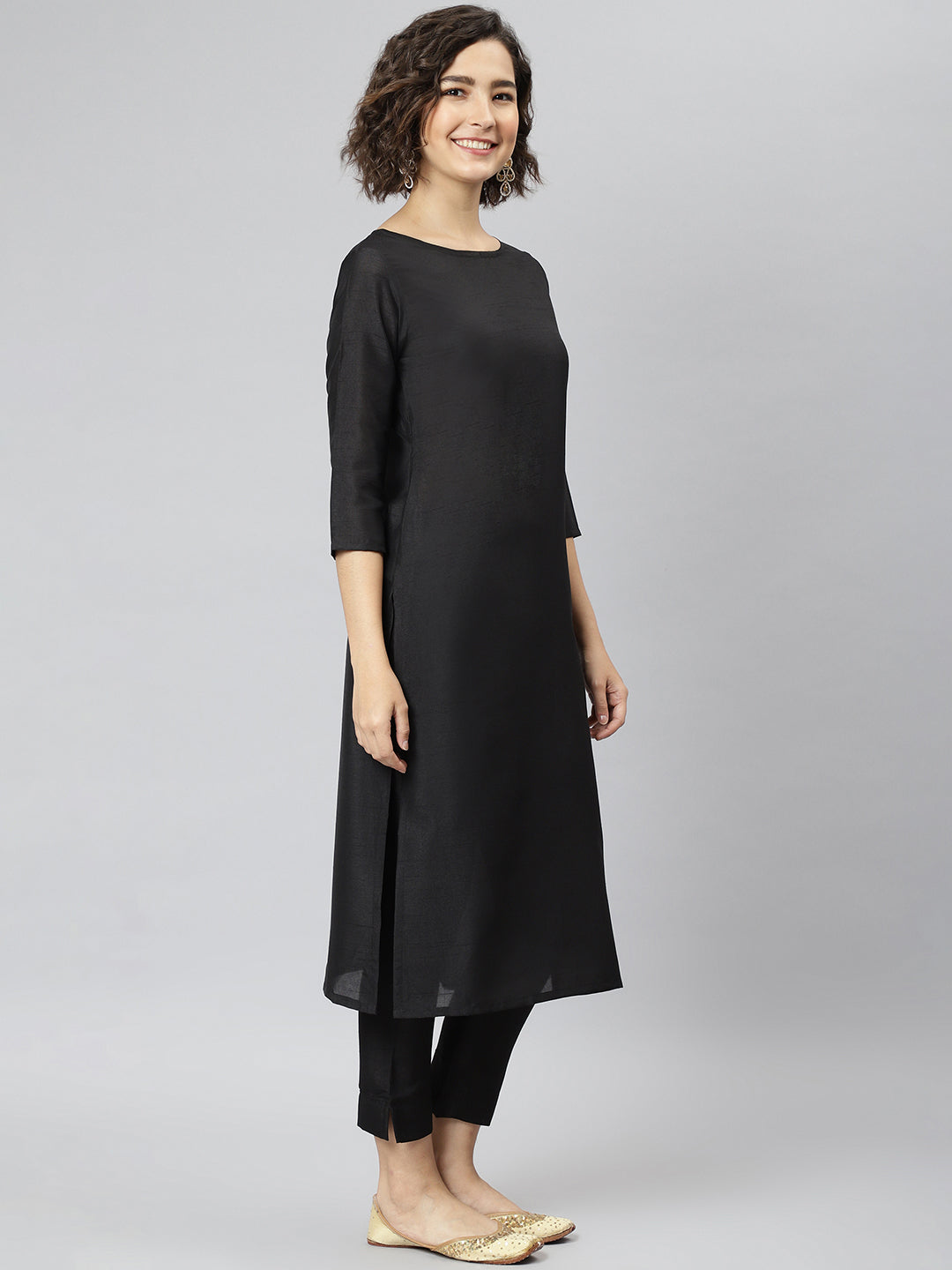 Janasya Women's Black Poly Silk Solid Straight Casual Kurta Set - Distacart