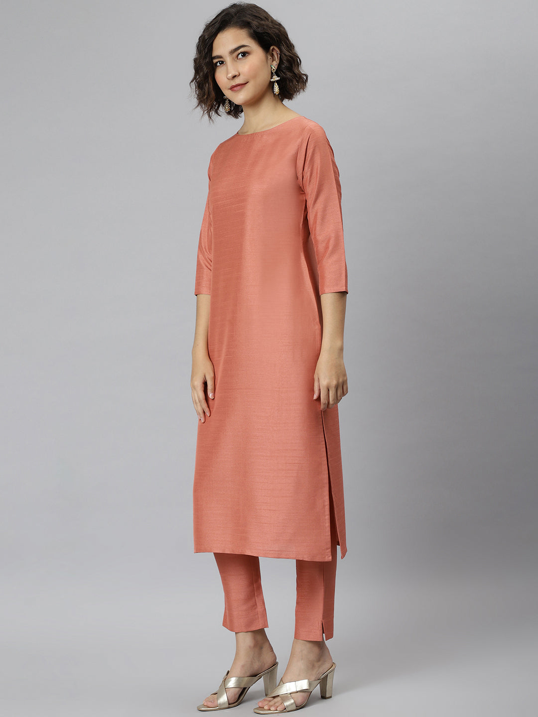 Janasya Women's Peach Poly Silk Solid Straight Casual Kurta Set - Distacart