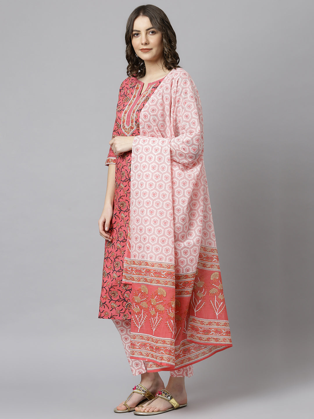 Janasya Women's Pink Cotton Floral Print Kurta With Pant And Dupatta - Distacart