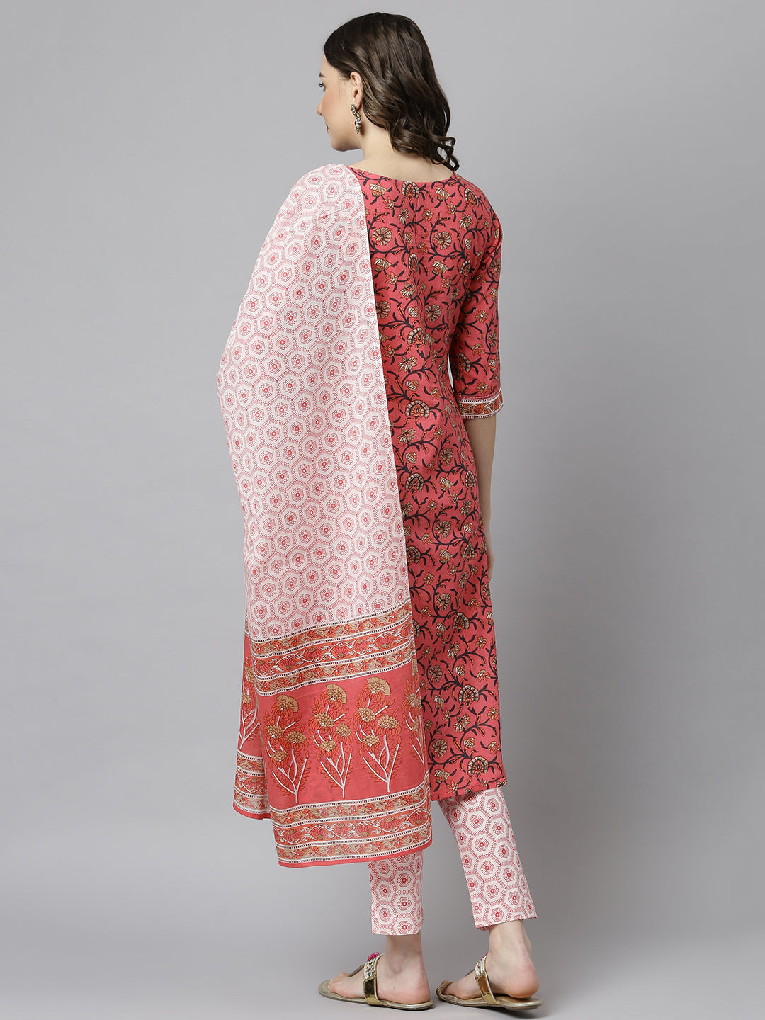 Janasya Women's Pink Cotton Floral Print Kurta With Pant And Dupatta - Distacart