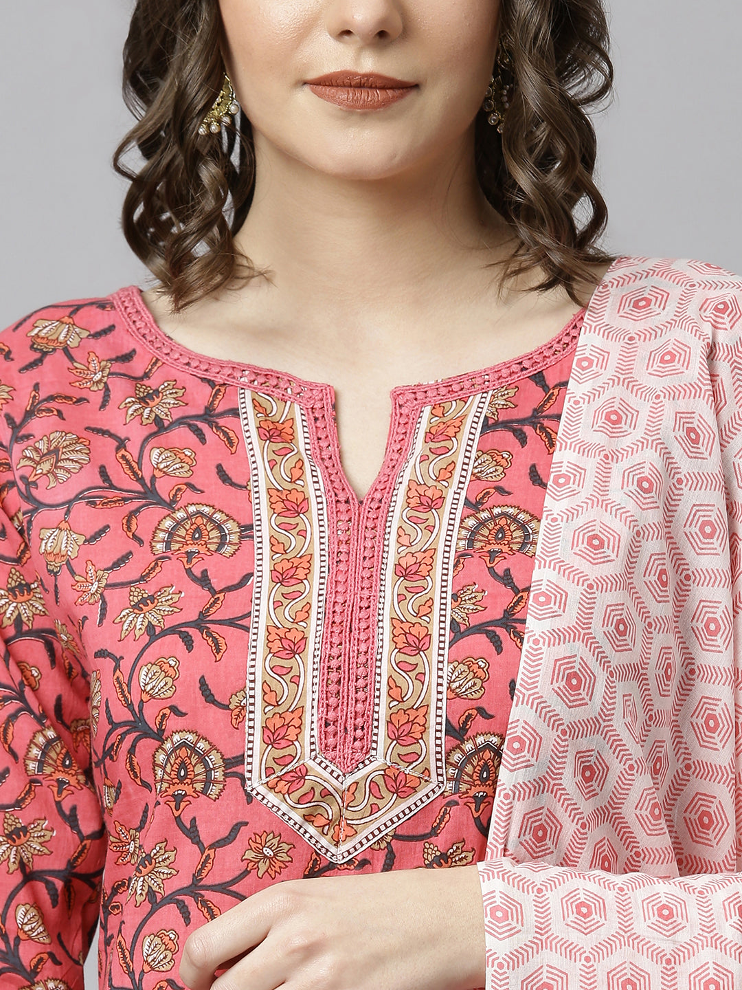 Janasya Women's Pink Cotton Floral Print Kurta With Pant And Dupatta - Distacart
