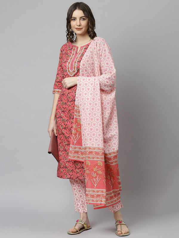 Janasya Women's Pink Cotton Floral Print Kurta With Pant And Dupatta - Distacart