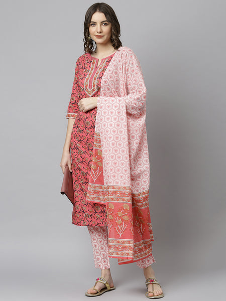 Janasya Women's Pink Cotton Floral Print Kurta With Pant And Dupatta - Distacart