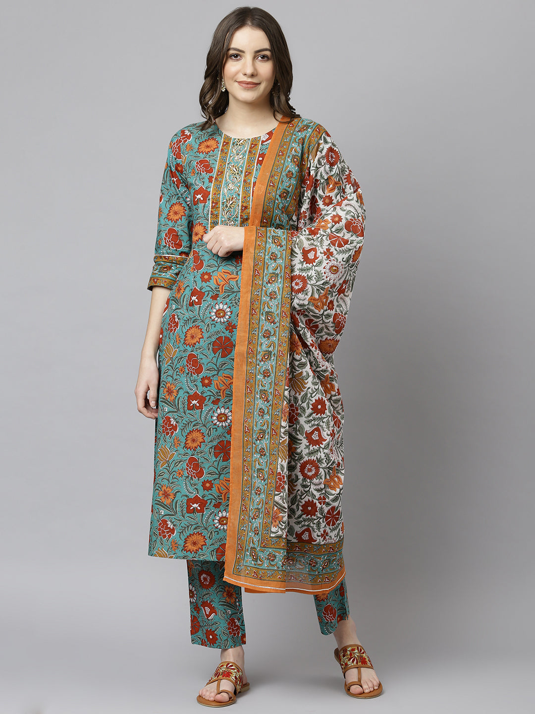 Janasya Women's Green Cotton Embroidered Kurta With Pant And Dupatta - Distacart