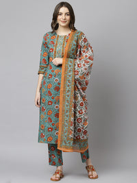 Thumbnail for Janasya Women's Green Cotton Embroidered Kurta With Pant And Dupatta - Distacart