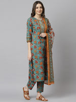 Thumbnail for Janasya Women's Green Cotton Embroidered Kurta With Pant And Dupatta - Distacart