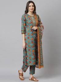 Thumbnail for Janasya Women's Green Cotton Embroidered Kurta With Pant And Dupatta - Distacart