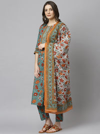 Thumbnail for Janasya Women's Green Cotton Embroidered Kurta With Pant And Dupatta - Distacart