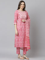 Thumbnail for Janasya Women's Pink Cotton Floral Print Kurta With Pant And Dupatta - Distacart