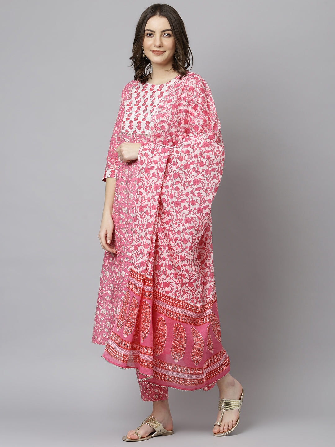 Janasya Women's Pink Cotton Floral Print Kurta With Pant And Dupatta - Distacart