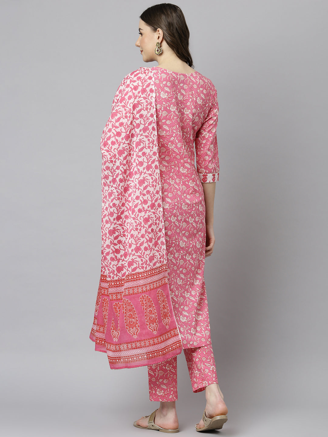 Janasya Women's Pink Cotton Floral Print Kurta With Pant And Dupatta - Distacart