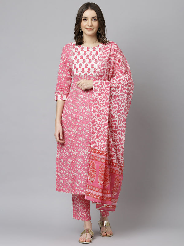 Janasya Women's Pink Cotton Floral Print Kurta With Pant And Dupatta - Distacart