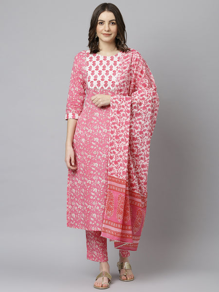 Janasya Women's Pink Cotton Floral Print Kurta With Pant And Dupatta - Distacart