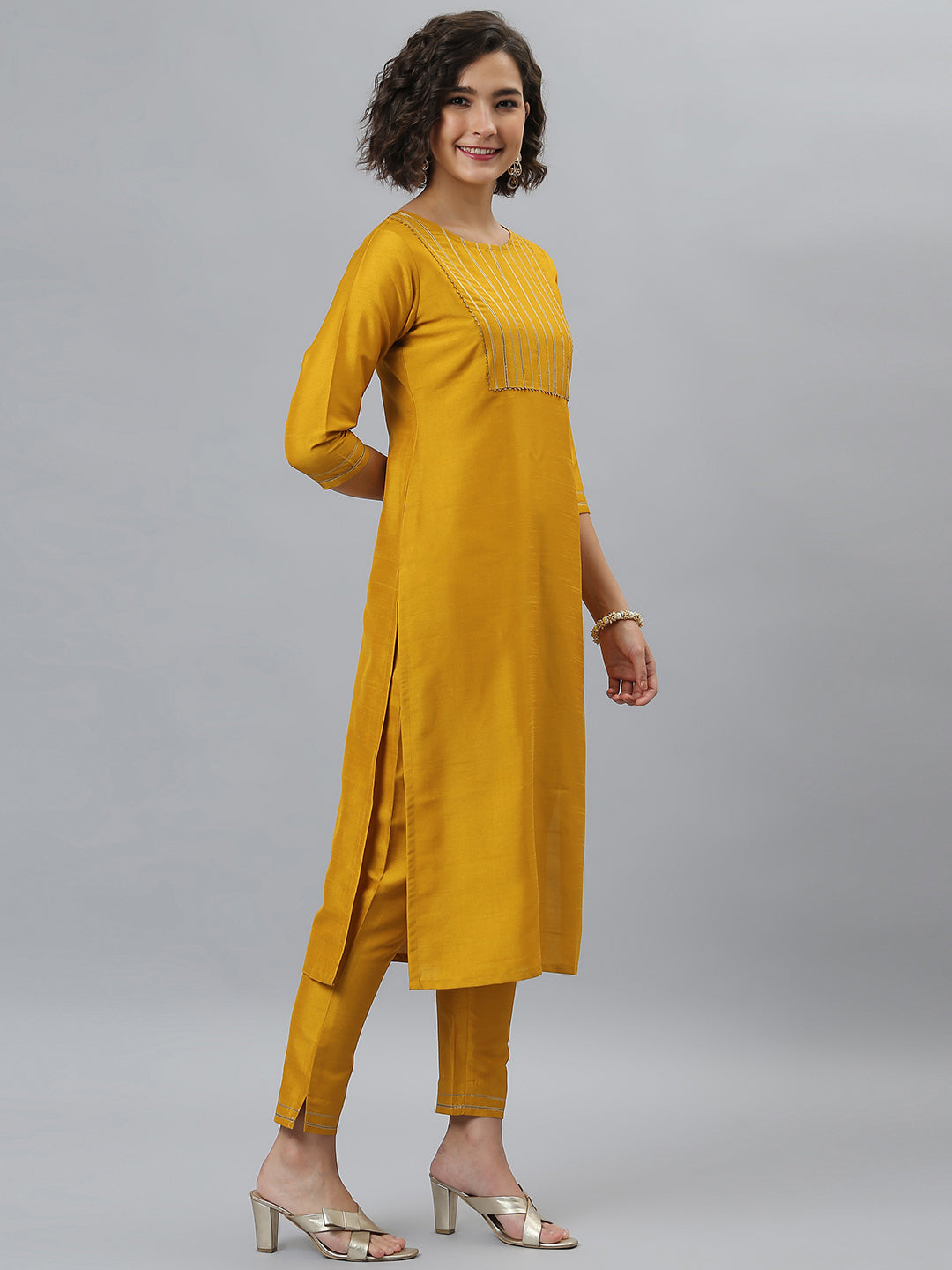Janasya Women's Mustard Poly Silk Solid Straight Festive Kurta Set - Distacart