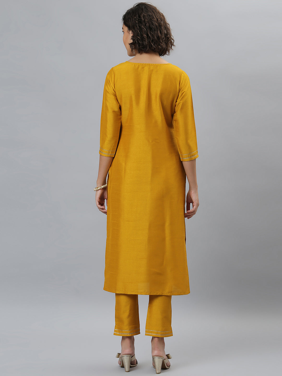Janasya Women's Mustard Poly Silk Solid Straight Festive Kurta Set - Distacart