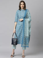 Thumbnail for Janasya Women's Blue Cotton Floral Print Kurta With Pant And Dupatta - Distacart
