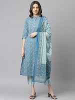 Thumbnail for Janasya Women's Blue Cotton Floral Print Kurta With Pant And Dupatta - Distacart