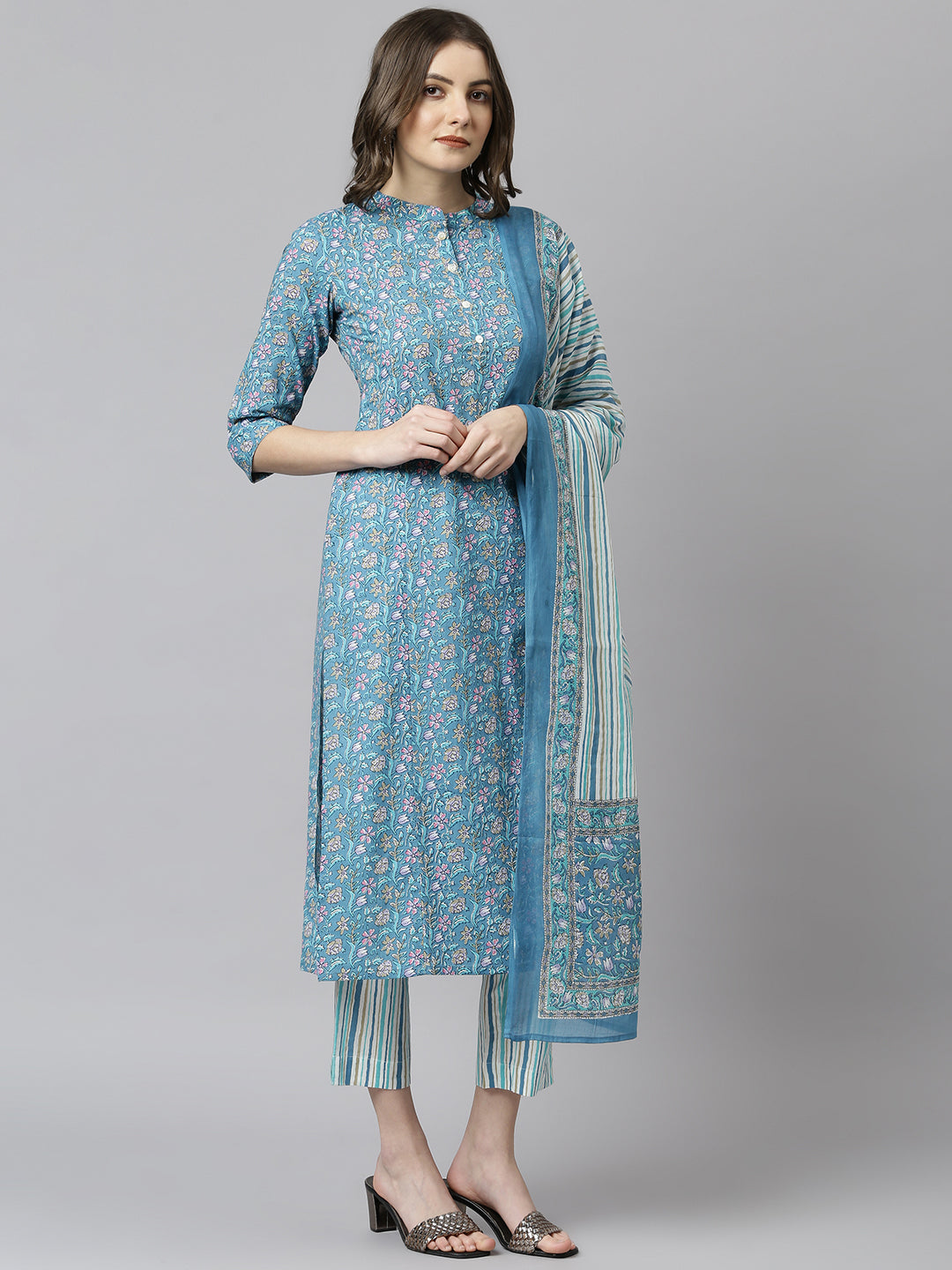 Janasya Women's Blue Cotton Floral Print Kurta With Pant And Dupatta - Distacart