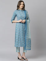 Thumbnail for Janasya Women's Blue Cotton Floral Print Kurta With Pant And Dupatta - Distacart