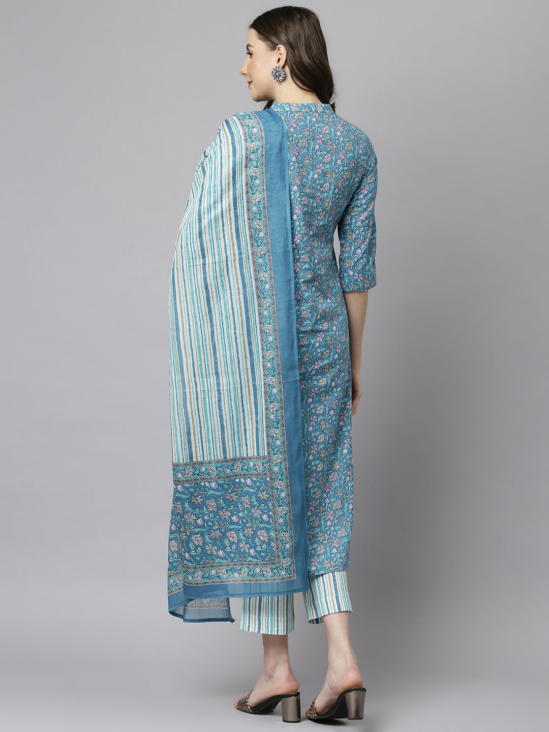 Janasya Women's Blue Cotton Floral Print Kurta With Pant And Dupatta - Distacart