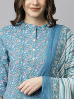 Thumbnail for Janasya Women's Blue Cotton Floral Print Kurta With Pant And Dupatta - Distacart