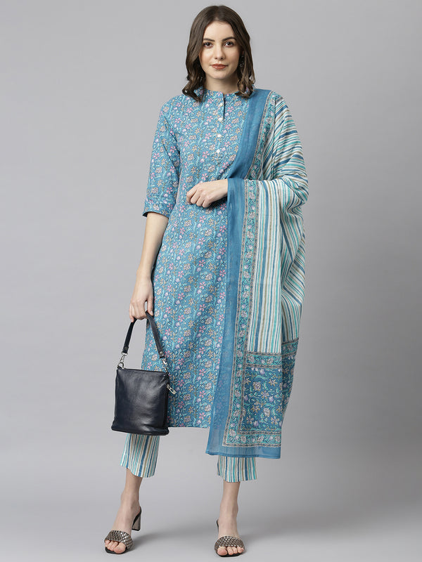 Janasya Women's Blue Cotton Floral Print Kurta With Pant And Dupatta - Distacart